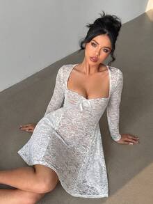 Aloruh 女士浪漫甜美蕾丝长袖A字蕾丝心形领连衣裙，配蝴蝶结褶皱性感迷你白色连衣裙，适合婚礼、度假、日常穿着 - 白色 - 查看 6