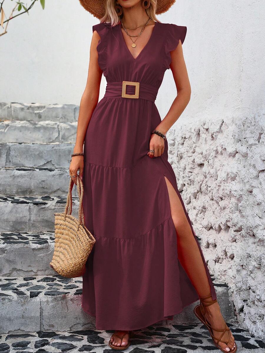 EMERY ROSE Ladies" Solid Color V-Neck Ruffle Sleeve Side Split Summer Dress Maxi Vacation Beach Outfits Women - Maroon - View 1