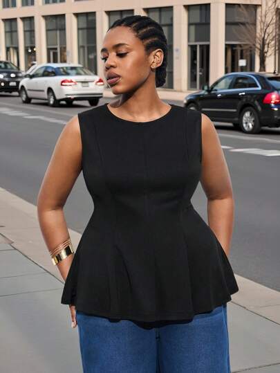 Maija 大码休闲纯色收腰背心，时尚百搭；舒适、时尚、优雅、休闲、简约日常穿着、必备单品、纯色、假日休闲、得体、单身女士、优雅时尚商务休闲女装外出上衣、女士商务休闲女装秋季大码约会之夜女装、商务休闲女装曲线款圣诞节万圣节墨西哥非洲黑色上衣荷叶边上衣荷叶边上衣女装大码黑色上衣曲线款大码上衣荷叶边衬衫万圣节万圣节女装圣诞节圣诞节女装新年连衣裙新年女装感恩节女装