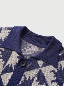 ROMWE MEN Men's Front Button Vintage Casual Everyday Jacquard Breathable Knit Cardigan - Navy Blue - View 3