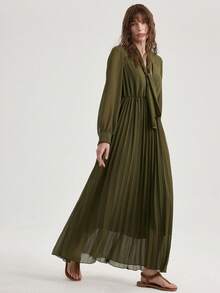 Aveloria Modichic Women's Solid Color Stand Collar Tie Design Pleated Elegant Waist Cinched Long Party Dress - Army Green - View 4