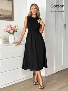 Easowa 100%纯棉无袖A字褶皱腰身中长连衣裙，休闲宽松优雅的办公着装，秋冬款 - 黑色 - 查看 5