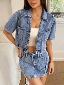 Rivivi Women's Short Sleeve Single-Breasted Cropped Casual Denim Jacket - Light Wash - View 3