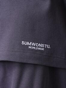 SUMWON 炭灰色纹理罗纹针织圆领短袖T恤和配套短裤套装休闲家居服两件套度假装 - 灰色 - 查看 7