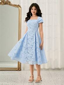少女方领短袖蕾丝纹理收腰连衣裙，优雅大方，适合婚礼、派对、聚会等场合。 - 藍色 - 查看 3
