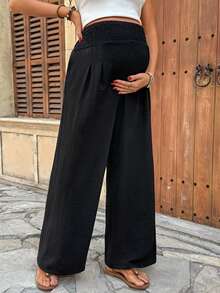 SHEIN Maternity Casual Solid Color Textured Elastic Waist Pants, Summer For Women, Spring Women , Spring Breaks - Black - View 4