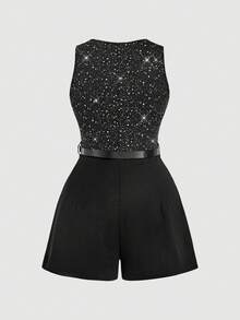 SHEIN MOD 大码女式亮面印花无袖连体裤 - 黑色 - 查看 6