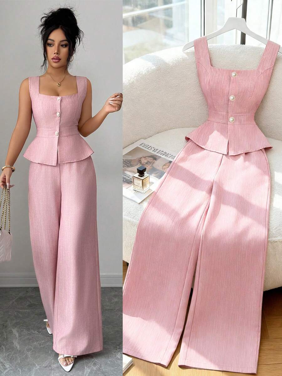 Elenzga 新款优雅法式简约两件套，精致设计，方领无袖露脐上衣搭配高腰阔腿裤，亚麻面料，女士休闲通勤装。 - 粉色 - 查看 1