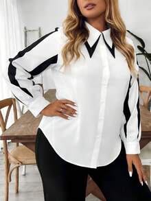 Juhart Camisa de Manga Longa para Uso no Escritório, Elegante, com Recorte Colorido e Botões na Frente, Plus Size - Preto e Branco - Visão 5