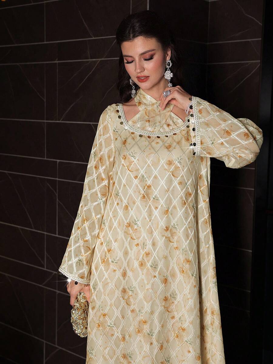 Yasmyna 女士优雅阿拉伯风格编织纹理长袖亮片荷叶边系带连衣裙，春夏款 - 彩色 - 查看 1