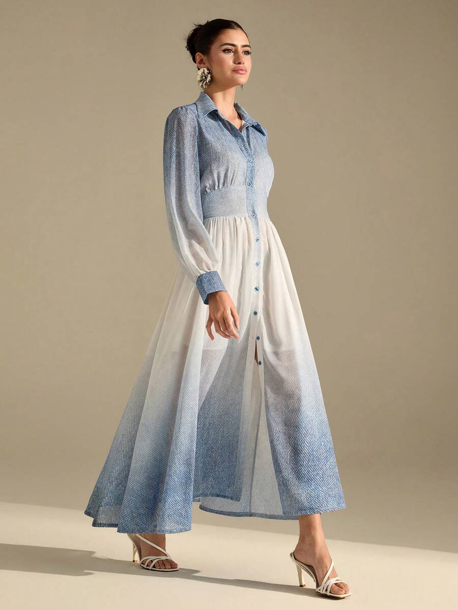 CLARA VERO 女士牛仔印花灯笼袖连衣裙，配超大裙摆 - 藍色 - 查看 1