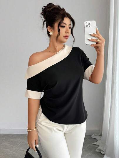 Elenzga Blusa casual de talla grande con parches en blanco y negro, hombros oblicuos y cintura ceñida, para primavera/verano