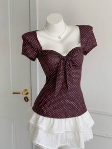 Comfortcana Áo thun nữ mùa xuân/hè thời trang mới về 2026, cổ tim, vai thường, tay ngắn, phối ren thắt nút, ôm dáng, thích hợp mặc đi biển. - Nhiều màu - Xem 4
