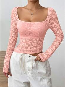 SHEIN EZwear 时尚性感方领长袖珊瑚粉蕾丝女式衬衫，春夏款 - 珊瑚粉 - 查看 3