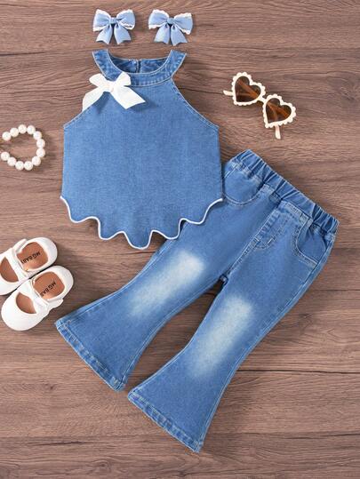 Baby Girls' 2-Piece Set, Vintage Cute Sweet French Casual Street Style, Washed Light Blue Denim, Sleeveless Design French , White 3D Bow, Wavy Embroidered Playful Cute, Top Paired With Denim Flare Pants, Fitted Silhouette Comfortable, Stretchy Fabric, A Bright Spot In The Hot Summer