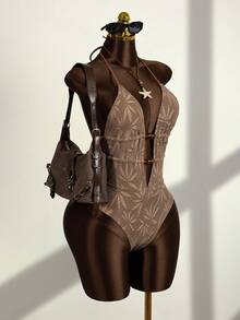 Zestiva 女士性感露背V领连体树叶印花串珠装饰沙滩度假泳衣 - 棕色 - 查看 3