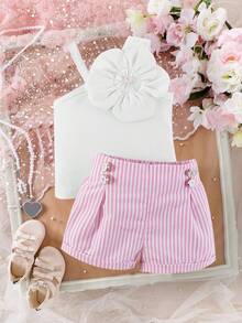 Souflis Souflis 1pc Baby Girl Elegant Sweet Ribbed Asymmetric Strap Design Floral Decor Top Paired With Pink Striped Shorts Set, Suitable For Street, Travel Photography In Summer - Pink - View 6