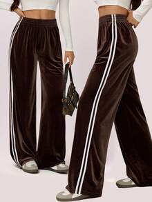 SHEIN Tall 阔腿侧条纹丝绒厚腰带低腰慢跑裤，秋冬春夏复古可爱乡村田园风返校休闲家居裤，女款奶油糖色，秋冬春夏，夏夏圣诞节 - 棕色 - 查看 15