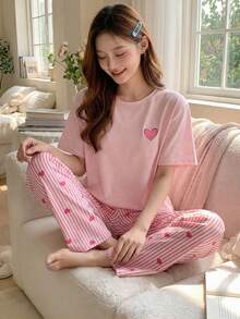 2件套少女甜美可爱优雅简约时尚新款粉色爱心圆领短袖上衣和粉色条纹爱心裤子休闲舒适睡衣 - 粉色 - 查看 8