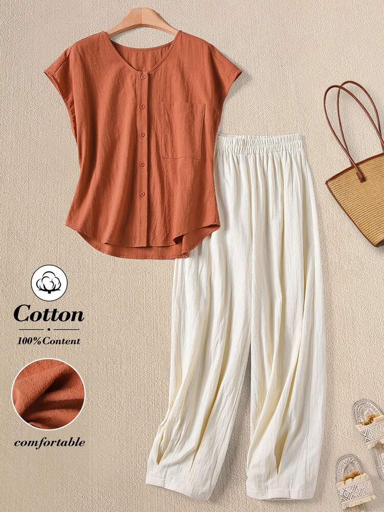 SHEIN RusticEase 2 Stücke Vintage Washed Baumwoll Hemd & Hosen Set für Frauen - Verschiedenfarbig - Übersicht 1