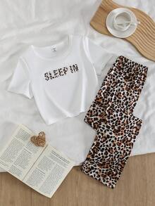 2pcs/Set Fashionable Tween Girl Outfit - White Fitted Short Sleeve Top Paired With Leopard Print Loose Straight Leg Pants, Casual Homewear - Multicolor - View 3