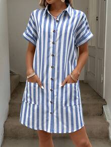 Easowa 可追溯棉質藍白條紋襯衫連衣裙（女裝） - 藍白色 - 查看 9