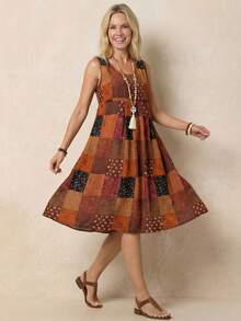 EMERY ROSE Women's Vacation Checkered & Paisley Print Sleeveless Woven Dress - Multicolor - View 7