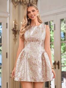 Amorya 女士优雅提花编织开衩腰部A字无袖迷你连衣裙，夏季时尚服饰 - 彩色 - 查看 6