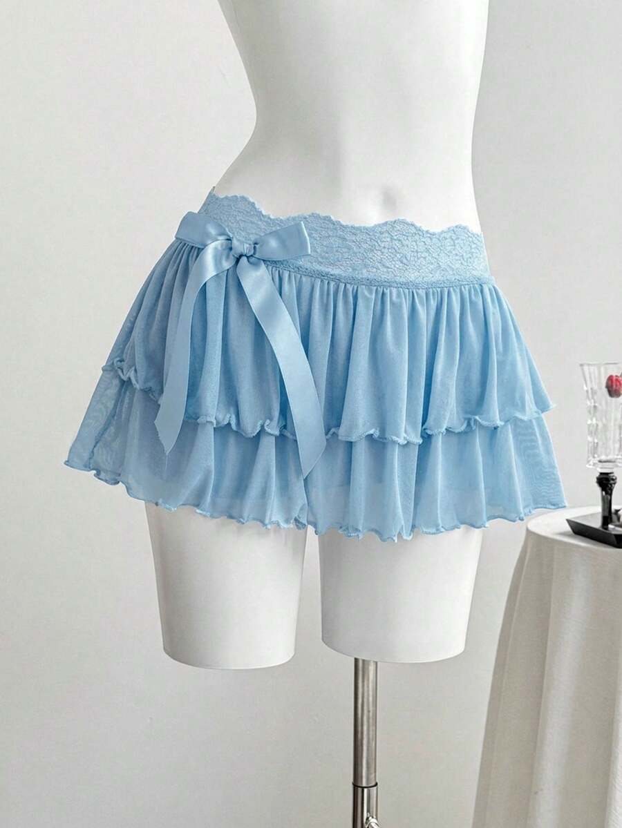 Comfortcana Falda evasé con volantes y lazo de encaje de color azul claro y contraste, nueva moda para Año Nuevo - Celeste - Ver 1