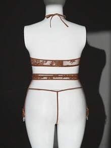 SHEIN 3 Peças Conjunto de Lingerie Sexy de Renda com Recortes em Plus Size - Café - Visão 2