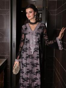 Al Najma 优雅蕾丝长袖连衣裙，性感迷人，适合派对穿着 - 黑色 - 查看 5