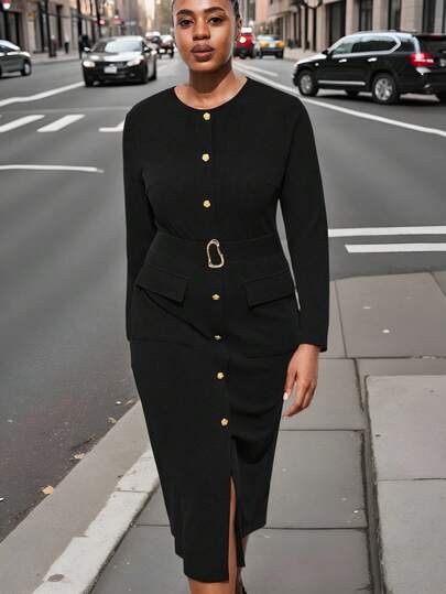 Maija 加大码纯黑色无袖修身中长连衣裙，圆领前中襟饰有金属装饰腰带