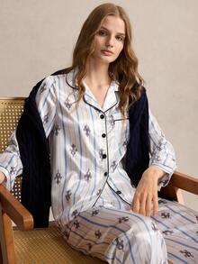 EverLounge Standard Size Women's British Style Open Front Long Sleeve Pajama Set - White - View 7