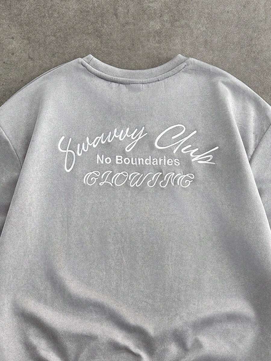 SWAVVY 男士标语刺绣圆领休闲宽松T恤 - 灰色 - 查看 1