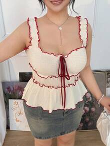 CovetEZ Plus-Size Cute Red Ruffled A-Line Stretch Camisole, Sweet And Fresh Style. - Beige - View 7