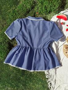 Sweetra 春夏秋新款波西米亚风度假优雅蕾丝荷叶边格子娃娃裙，短袖设计，适合娇小身材女性，彼得潘领衬衫。韩版夏季清新格子短袖衬衫，甜美百搭复古娃娃衫，可爱乡村风。 - 藍色 - 查看 2