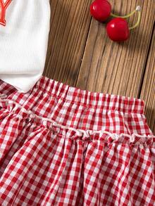 SHEIN Baby Girl Cute Casual Cherry Pattern Knit Camisole & Plaid Elastic Waist Shorts Set - Multicolor - View 6