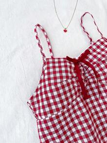 Tween Girl Casual Minimalist Comfortable Crisscross Strap Plaid Tank Top Checkered Top Picnic Outfit Girl Summer Top Red Plaid Top Bow Top - Red and White - View 4