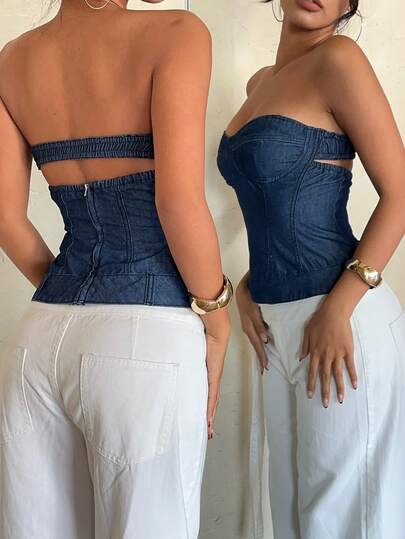 Aloruh Women's Fashionable Street-Style Tight Denim Tube Top, Summer,For Date, Party, Cocktail, Formal Events, Vacation, Office, Work, Commute, Wedding Guest, And Western Festival