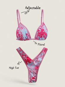 Swim Mod 2pcs/Set Women Summer Random Print Spaghetti Strap High Cut Bikini Swimsuit Set - Multicolor - View 1