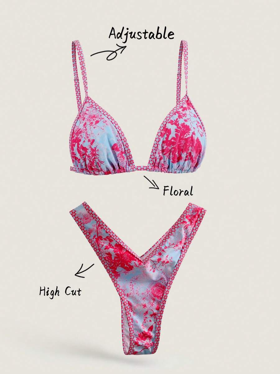 Swim Mod 2pcs/Set Women Summer Random Print Spaghetti Strap High Cut Bikini Swimsuit Set - Multicolor - View 1