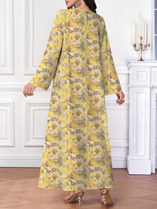 Al Najma 女士复古花卉植物图案，饰以仿水钻领印花V领长袖优雅阿拉伯风长连衣裙，春秋季 - 彩色 - 查看 2