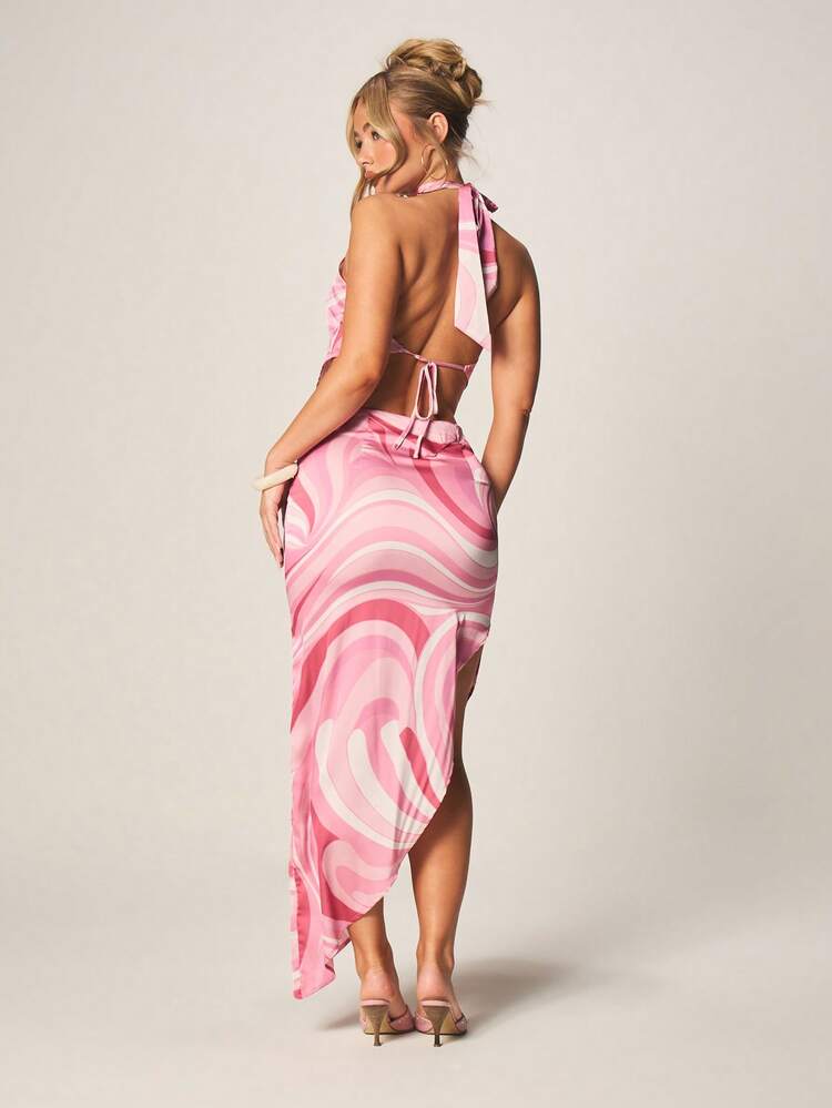 MISSGUIDED Halter Crop Top And Midi Skirt With Swirl Pattern