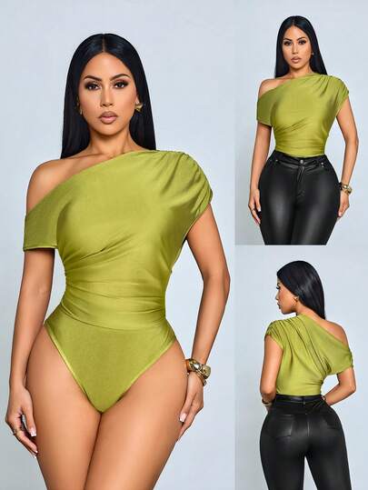 SOLERSUN 女士性感单肩荷叶边连体衣 - 纯色修身夜店/约会之夜装扮