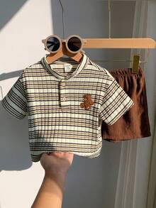 SHEIN 2pcs Baby Boy Summer Cute Casual Striped Collar Short Sleeve Shirt And Elastic Waist Shorts Set, Suitable For Birthday Party, Rave, Evening Party, Performance, Wedding, Baby Shower And 1st Birthday Celebration Brown Toddler Boy Outfit Boys Vacation Outfit Sets Boy Summer Outfit Set - Multicolor - View 7