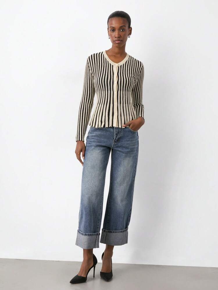 SHEIN Maija Women's Casual Striped Long Sleeve Sweater, Front Button Design, Fashionable And Practical, Suitable For Seasonal Wear. Classic Striped Elements Add Vitality And Layering, Comfortable, Ideal For Commuting Or Casual Outings Women Party Top Beach Summer Holiday Beach Vacation Summer Going Out Graduation