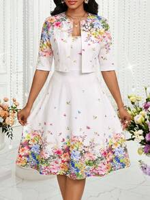 SHEIN Lady Women's Elegant Printed Dress & Jacket 2 Pieces Set - Multicolor - View 4