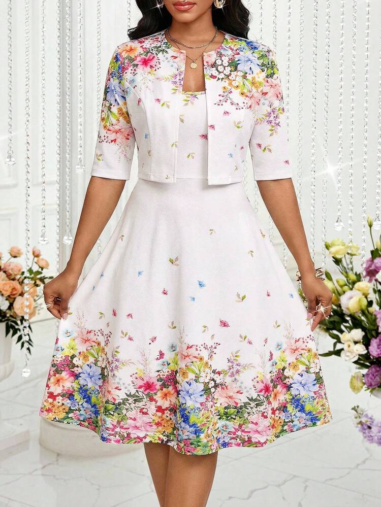 SHEIN Lady Conjunto de 2 piezas de vestido y chaqueta elegante con estampado para mujer - Multicolor - Añade 4