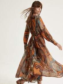 Frievida Đầm maxi thanh lịch mới, chất liệu chiffon vàng in họa tiết Paisley và hoa điều, thắt eo. - Nhiều màu - Xem 2