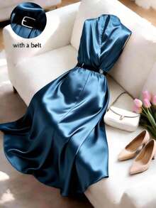 Franclia 女士优雅彩色缎面连衣裙，适合通勤和度假，飘逸长裙。肩部褶皱设计，松紧腰带连衣裙。 - 藍色 - 查看 3